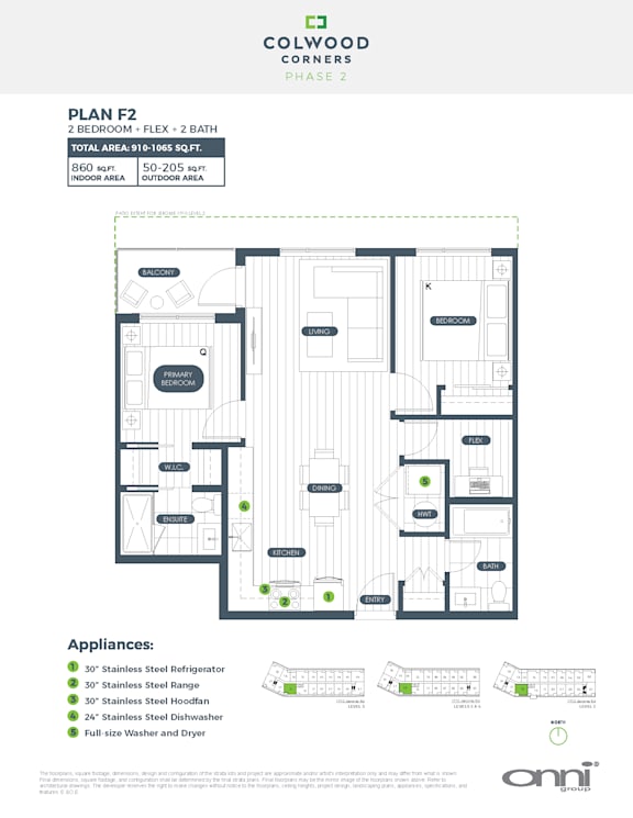 A floor plan for a 2 bedroom, 2 bathroom apartment with a total area of 916 sq ft.