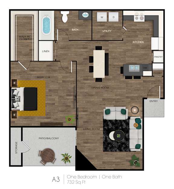 1Bed 1Bath B Floor Plan at Montelano Apartments, Arizona, 85021