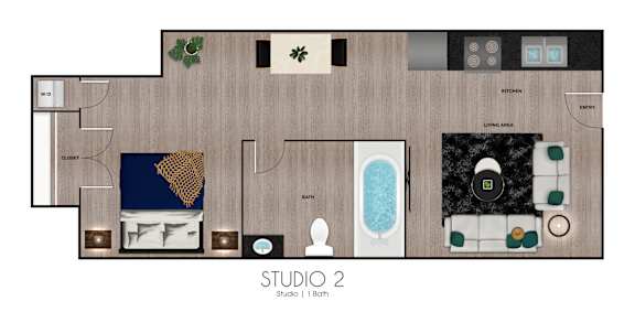 A floor plan of a studio apartment with a living area, kitchen, and bathroom.
