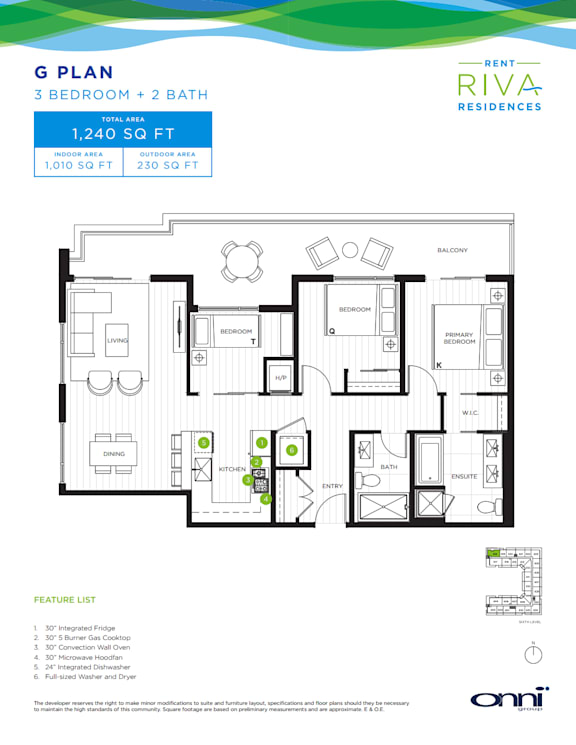 A floor plan for a 3 bedroom, 2 bathroom apartment of 1,240 square feet.