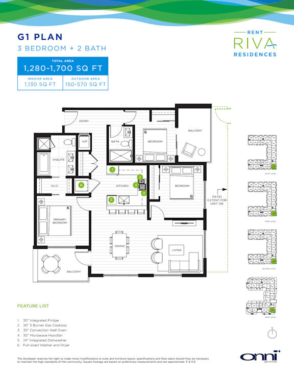 A floor plan for the G1 Plan, a 3 bedroom plus 2 bath apartment at Rent Riva Residences.