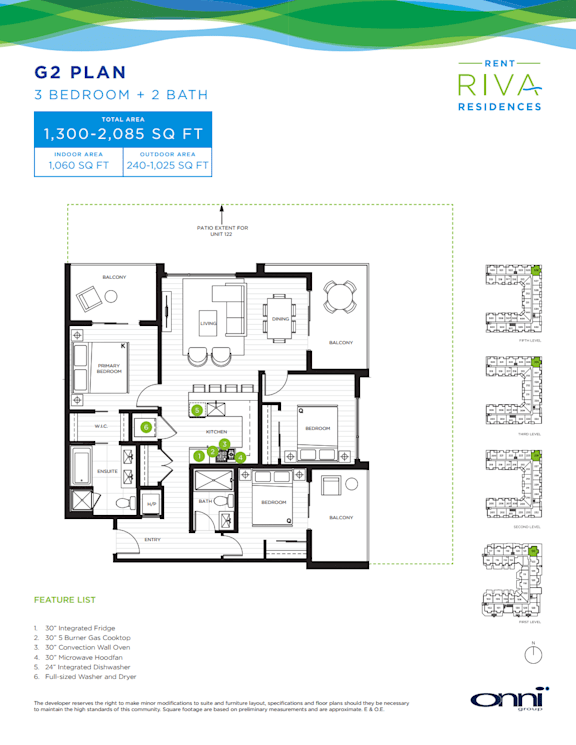 A floor plan for a 3 bedroom, 2 bath apartment at Rent Riva Residences.