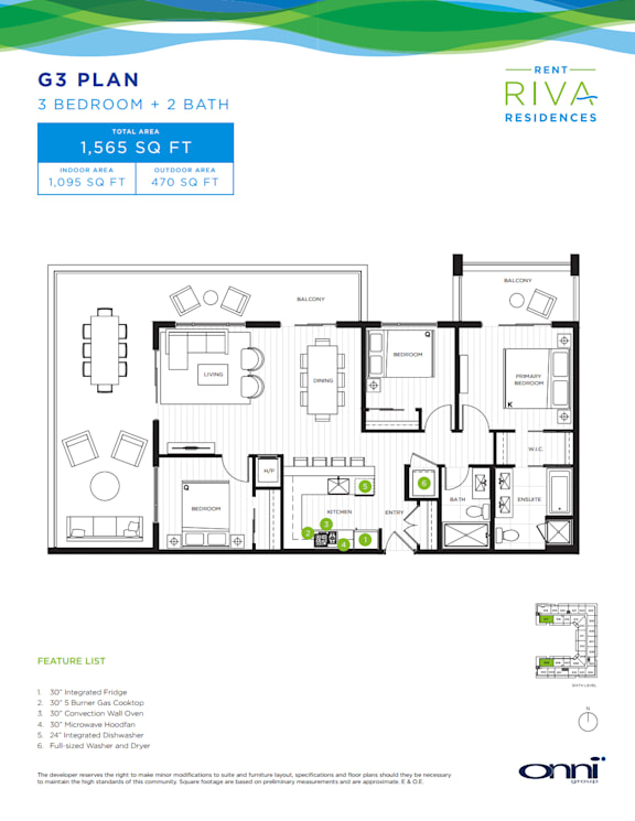 A floor plan for a 3 bedroom, 2 bathroom apartment of 1,565 square feet.