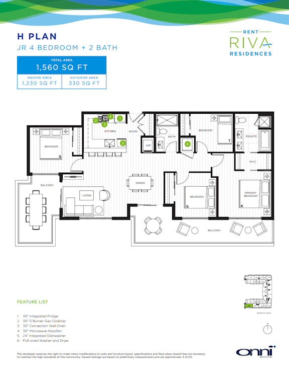 A floor plan for a 4 bedroom, 2 bathroom apartment at Rent Riva Residences.