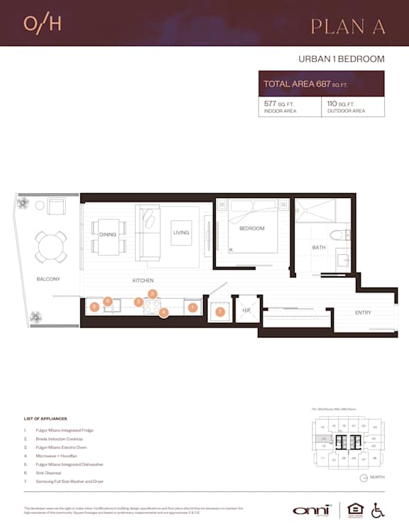 A floor plan for an urban 1 bedroom apartment.