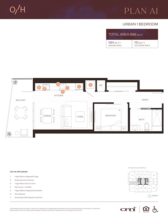 A floor plan for an urban 1 bedroom apartment with a list of appliances included.