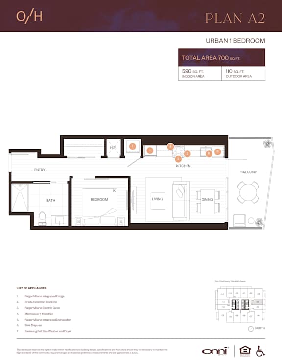 A floor plan for an urban 1 bedroom apartment sized at 700 square feet.