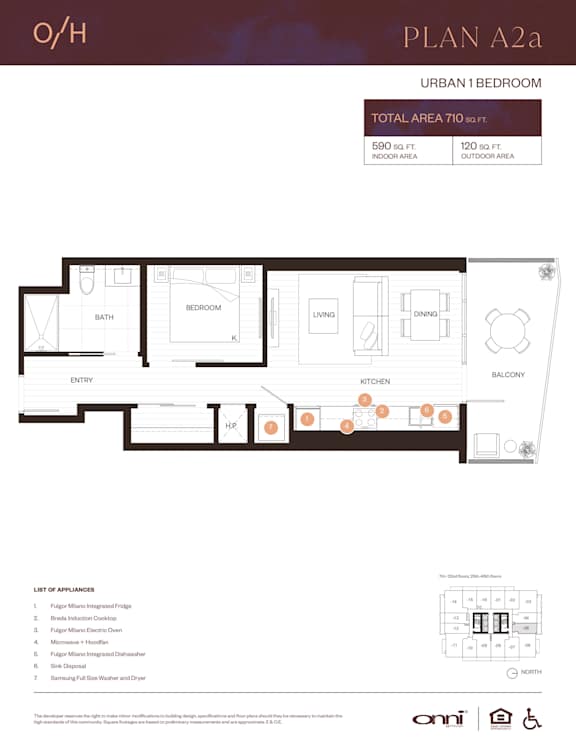 A diagram of an urban 1 bedroom apartment plan.