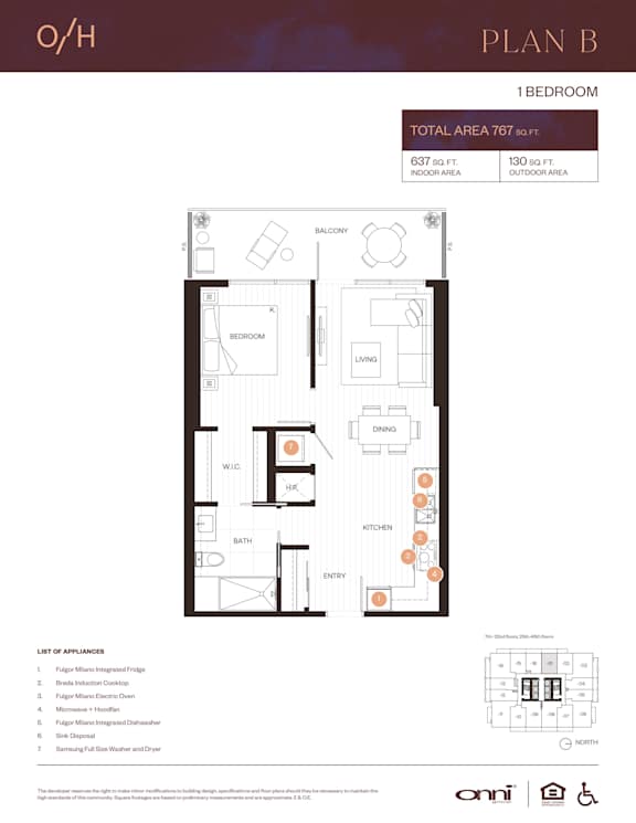 Floor Plan  A floor plan for Plan B shows a 1 bedroom apartment with a total area of 767 square feet.