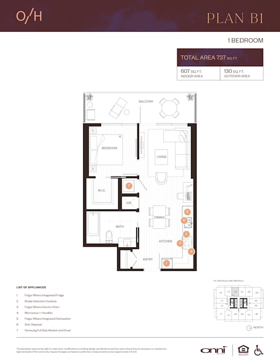 A floor plan for a one bedroom apartment with a list of appliances included.