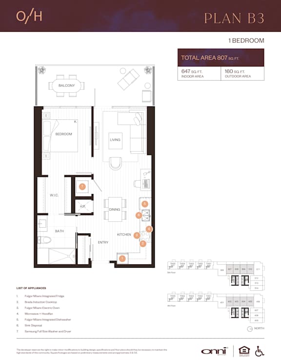 A floor plan for Plan B3, a one bedroom apartment, is displayed.