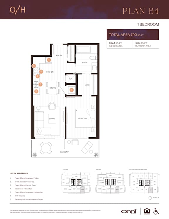 A floor plan for Plan B4, a one bedroom apartment, is displayed.