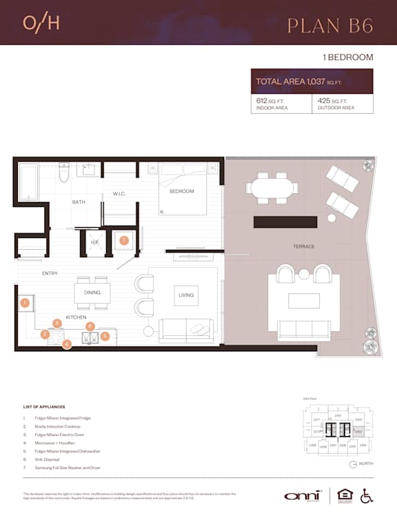 A floor plan for Plan B6, a one bedroom apartment, is displayed.