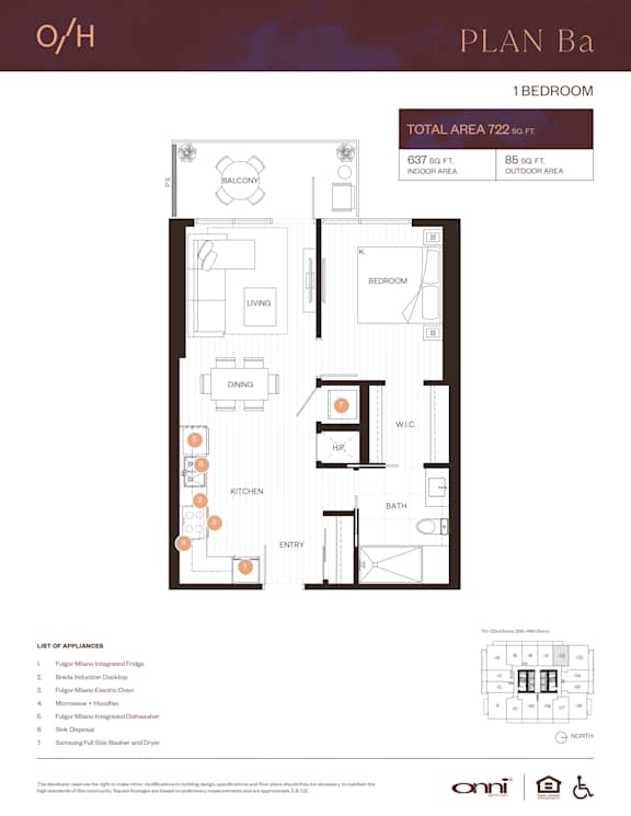 A floor plan for a one bedroom apartment with a list of appliances included.