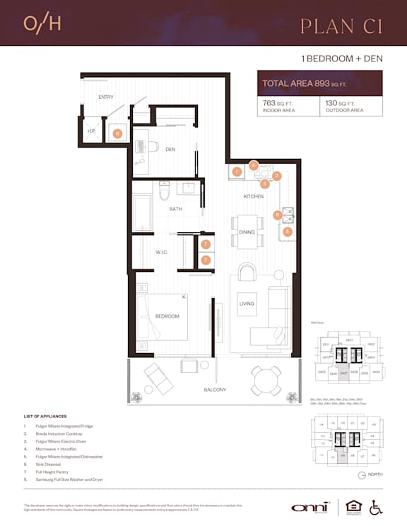 Floor Plan  A floor plan for Plan C1, a one bedroom plus den apartment, with a total area of 893 sq ft, including a kitchen, living room, and bathroom.