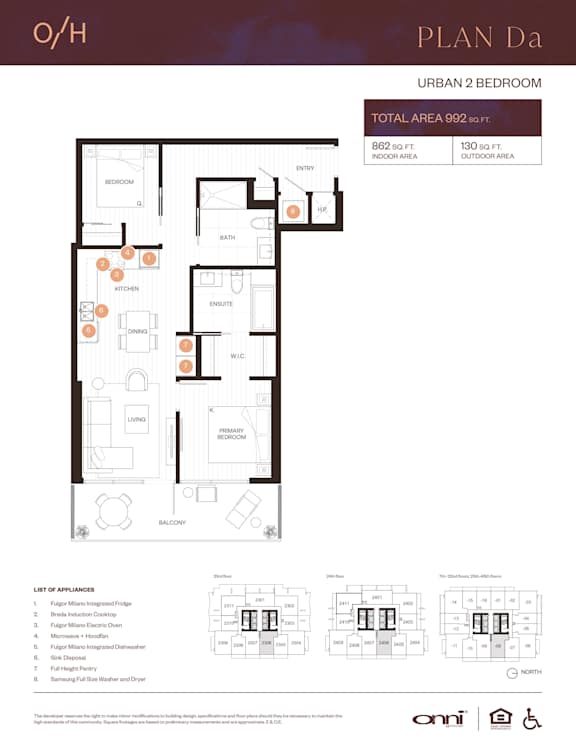 A floor plan for an Urban 2 Bedroom apartment with a list of amenities.