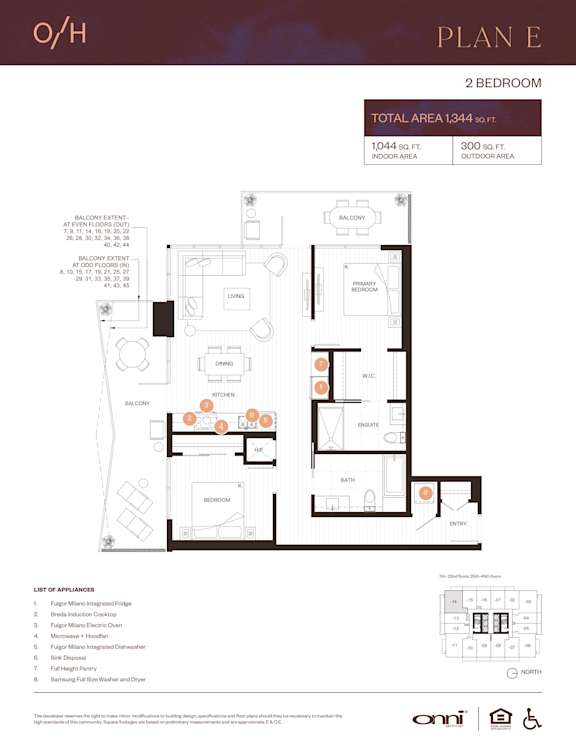 A floor plan for a 2 bedroom apartment with a total area of 1,344 square feet.
