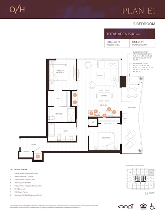 Floor Plan  A floor plan for a 2 bedroom apartment with a list of appliances included.