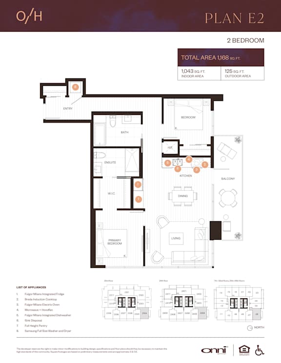A floor plan for Plan E2, a 2 bedroom apartment, with a total area of 1168 square feet.