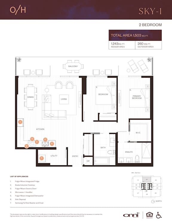 A floor plan for a 2 bedroom apartment with a balcony and a list of amenities.