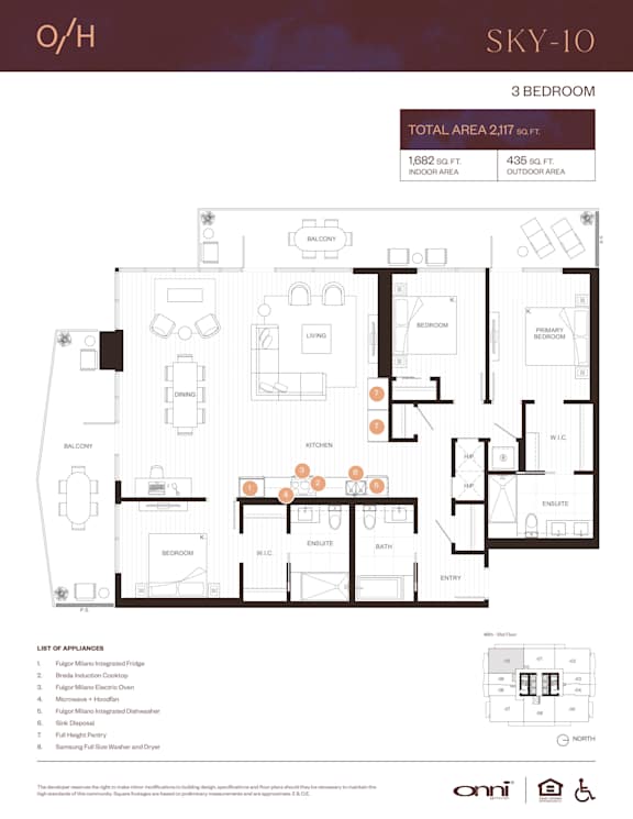A floor plan for an O/H SKY-10 3 bedroom apartment.