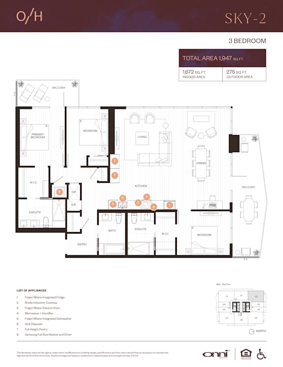 A floor plan for an O/H Sky-2 3 Bedroom apartment with a total area of 1,947 square feet.
