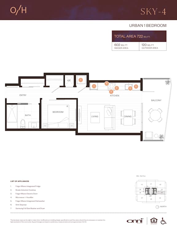 A floor plan for an urban 1 bedroom apartment with a list of appliances included.