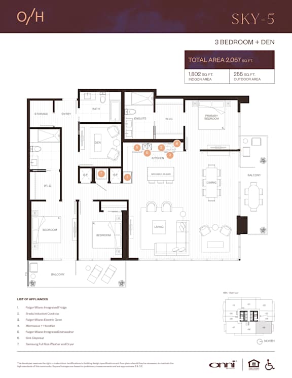A floor plan for an O/H Sky-5 apartment with a list of appliances included.