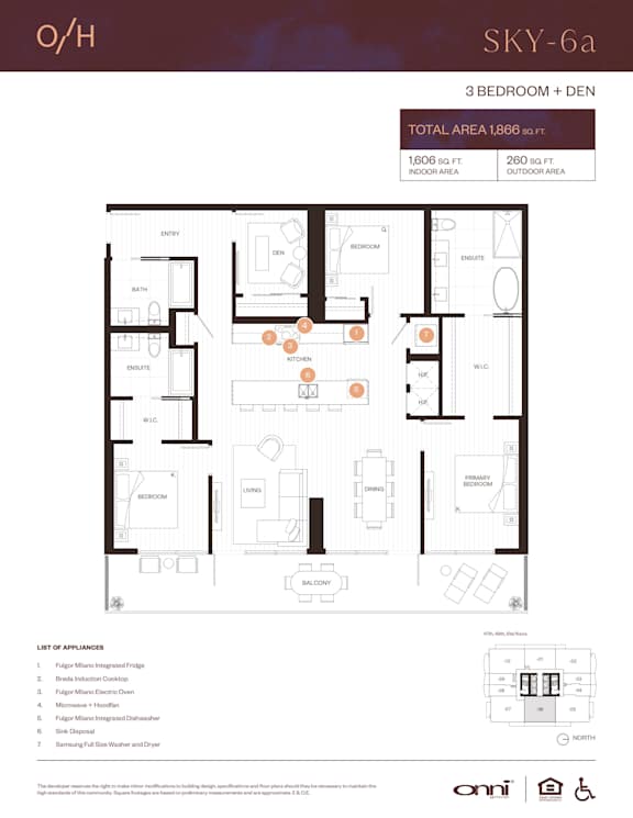 A floor plan for an O/H SKY-6a 3 bedroom + den apartment.