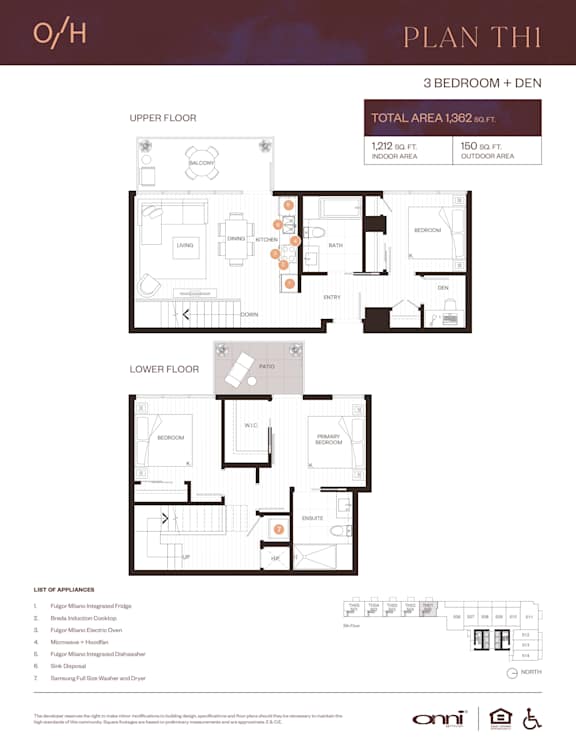 A floor plan for a 3 bedroom plus den apartment with a total area of 1,362 sq ft.