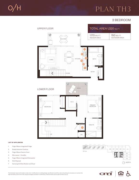 A floor plan for a 2 bedroom apartment with a list of appliances included.