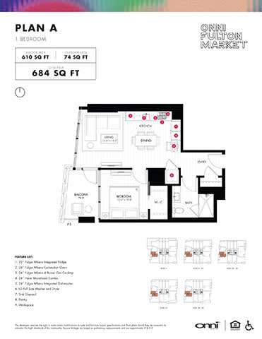 A floor plan for a one bedroom apartment at the Onni Pulton Market.