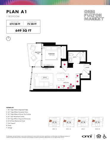 A floor plan for a one bedroom apartment sized at 649 square feet is displayed.