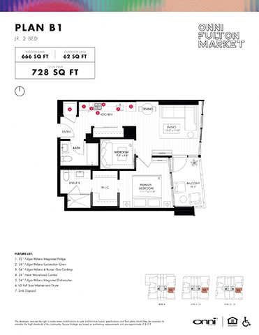 A floor plan for a 728 square foot home with a living room, two bedrooms, a kitchen, and a bathroom.