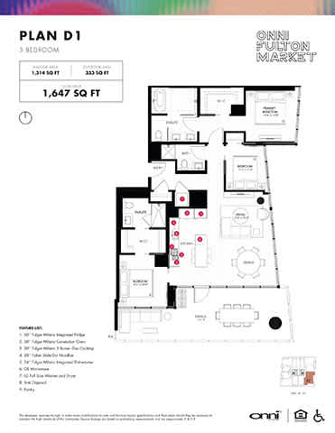 Floor Plan  A floor plan for a 3 bedroom apartment is shown, with a total area of 1,647 square feet.