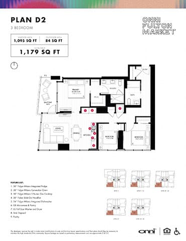 A floor plan for a 3 bedroom apartment is shown, along with a list of features included in the apartment.