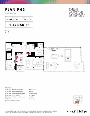 A floor plan for a two bedroom apartment is shown, along with a list of features included in the apartment.