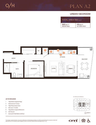 A floor plan for an urban 1 bedroom apartment with a total area of 700 sq ft.