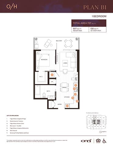 A floor plan for a one bedroom apartment with a total area of 737 square feet.