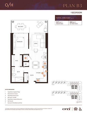 A floor plan for a one bedroom apartment with a total area of 807 square feet is displayed.