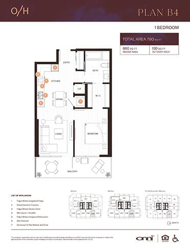 A floor plan for a one bedroom apartment with a total area of 700 square feet.