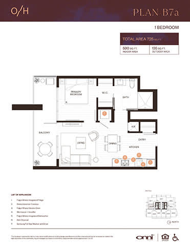 A floor plan for a one bedroom apartment with a total area of 725 square feet.