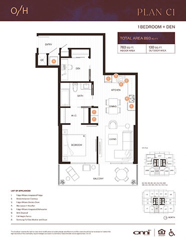 A floor plan for a one bedroom plus den apartment with a total area of 893 square feet.