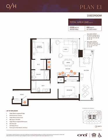 A floor plan for a 2 bedroom apartment with a total area of 1,248 square feet.