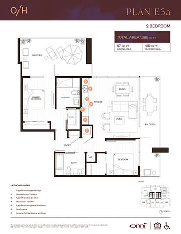 A floor plan for a two bedroom apartment with a total area of 1380 square feet.