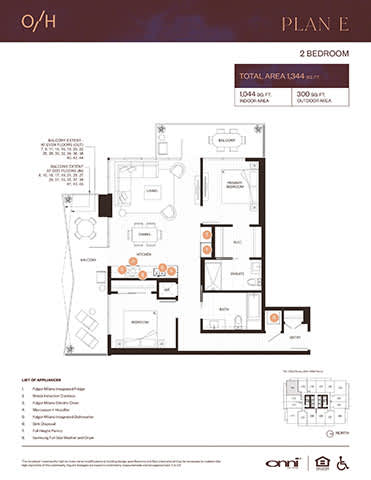 Floor Plan  A detailed 2 bedroom apartment plan with a list of facilities included.