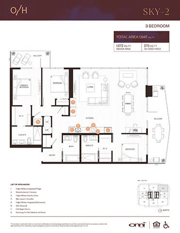 A floor plan for a 3 bedroom apartment with a total area of 19.47 square meters.