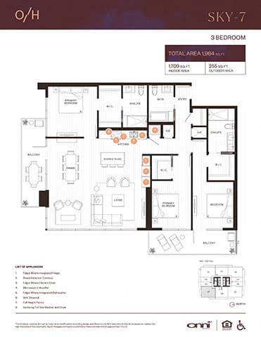 A floor plan for a 3 bedroom apartment with a total area of 1964 square feet.