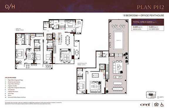 Floor plan of a 6 bedroom plus office penthouse.