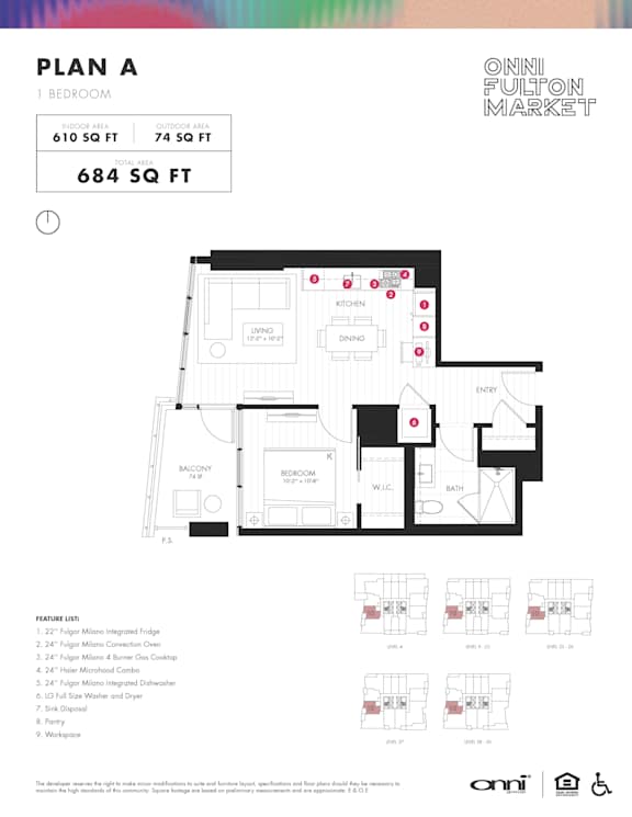 One bed one bathroom floorplan at Onni Fulton Market Apartments, Chicago, IL 60661